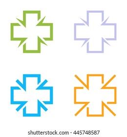 Isolated colorful cross vector logo set. Medical signs contour logotypes collection. Hospital elements group on the white background. Religious icons. Arithmetic plus symbols.