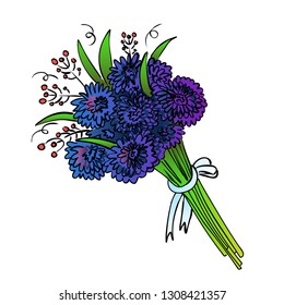 Isolated colorful cute celebratory bouquet with blue flowers, ribbon and bow. Template for print, card, postcard Illustration - Vector