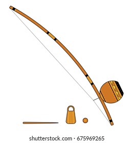 Isolated colorful decorative ornate berimbau with caxixi, baqueta and dobrao on white background. Colored brazilian musical instrument for bateria of capoeira.