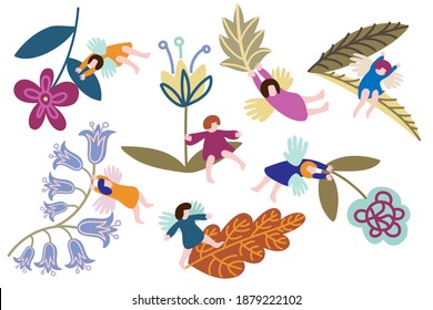 Isolated colorful decorative vector illustration set of cute abstract girls fairies with floral elements leaves and flowers. The design is perfect for stickers, decorations, illustrations, textiles