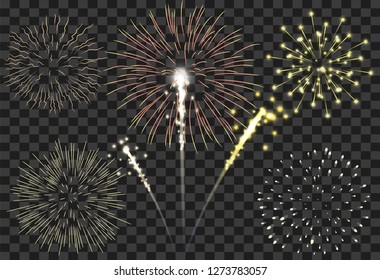 isolated of colorful firework set bursting on transparency background in vector illustration. concept for background template for celebration in new year and Christmas festive seasonal or 4th of July
