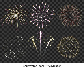 isolated of colorful firework set bursting on transparency background in vector illustration. concept for background template for celebration in new year and Christmas festive seasonal or 4th of July
