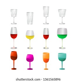 Isolated colorful glass goblets. Vector illustration of a set of realistic wine wine glasses.