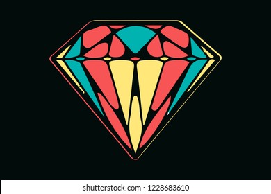 Isolated colorful hand drawn diamond on dark background, vector illustration in neon style 