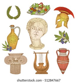 Isolated colorful hand drawn greek elements with decorative images of ancient items jars amphora olive branch vector illustration