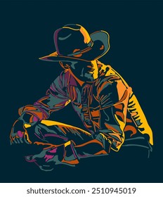 Isolated, colorful, high contrast, sitting cowboy, vector illustration.