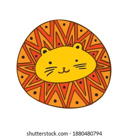 Isolated colorful illustration design of a lined ornamental abstract cute lion cat in yellow tones. The design is perfect for cards, stickers, posters, coloring, postcards, logos, tattoos