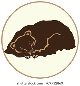 Isolated colorful image of a sleeping bear in a round frame. Environment icon, emblem or sign.