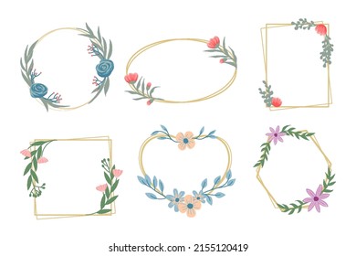 Isolated Colorful Line Frame Icon Leaf Floral Border Divider with Circular, rectangle or hexagon pink or red flower for save the date wedding tag name invitation
