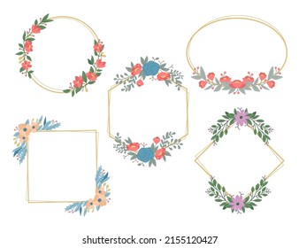 Isolated Colorful Line Frame Icon Leaf Floral Border Divider With Circular, Rectangle Or Hexagon Pink Or Red Flower For Save The Date Wedding Tag Name Invitation