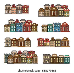 Isolated colorful low-rise houses,city elements vector illustrations set, municipal buildings icons collection