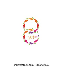 Isolated colorful number eight of leaves and petals with pink word march icon, international women day greeting card element vector illustration