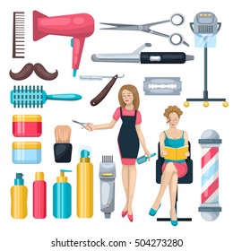 Isolated colorful objects set of beauty salon colorful characters tools and professional accessories on blank background vector illustration