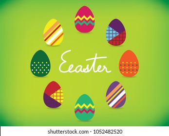 Isolated colorful painted eggs around the white hand written word "Easter" on gradient green background.