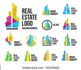 Isolated colorful real estate agency logos set, house logotype collection on white, home concept icons,skyscrapers vector illustration