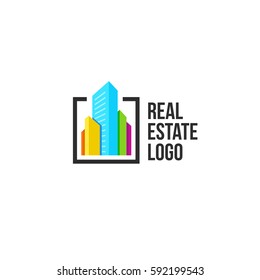 Isolated colorful real estate agency logo, house logotype on white, home concept icon, skyscrapers vector illustration