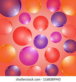 Isolated colorful realistic glass bubbles with reflection on a colored background. Isolated blowing bubbles for your design.