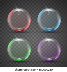 Isolated colorful realistic shampoo bubbles with reflection and blink. Red, blue, green and purple spheres. Set of 3d glass balls on transparent background. Isolated blowing soap bubbles.