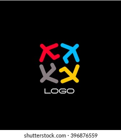 Isolated colorful round logo. Red,yellow,blue,grey airplane symbol. Airlines sign.Flight illustration.Simple flat logotype. Business card element. Aviation label. Plane silhouette. Means of transport.