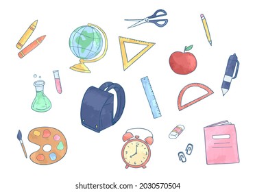 Isolated colorful school stationery elements, hand drawn watercolor school student items. Vector illustration EPS 10