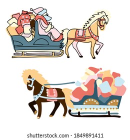 Isolated colorful set of design illustrations of Christmas sleigh with horse and Santa. The design is perfect for stickers, decorations, textiles, advertisements, packaging, logos