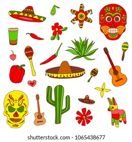 Isolated colorful stylish elements about Mexico. Hand drawn collection for Cinco de Mayo celebration. Vector illustration and design