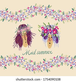 Isolated colorful summer vector design with two faces of young midsummer festive girls with flowers on yellow background. The design is perfect for stickers, packages, decorations, textiles, surfaces