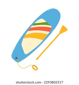 Isolated colorful sup board with paddle on white background in flat style. Summer recreation and sport