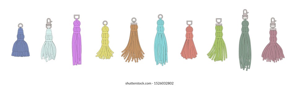 Isolated colorful tassel set in hand drawn cartoon style - thread and rope attachment decoration element collection on white background - vector illustration.