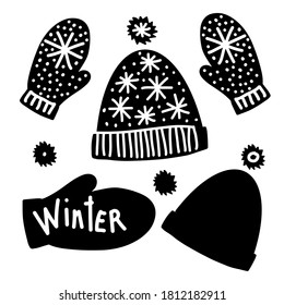 Isolated colorful vector black and white set of silhouettes winter beanie hat and mittens with star ornaments and pompoms. The design is perfect for banners, advertisements, decorations, stickers