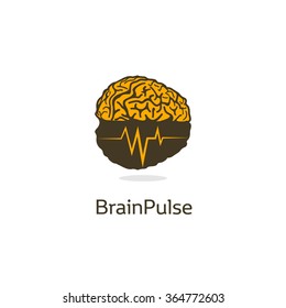 Isolated colorful vector brains. Medical scientifical logotype. Neurobiology emblem. Intelligence image. Human brain illustration. Graphic cortex symbol. Cerebral hemispheres. Brain pulse. 