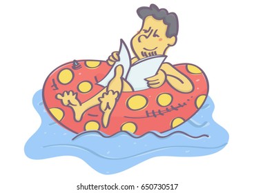 Isolated colorful vector cartoon of man in swimming float, relaxing and reading newspapers. 