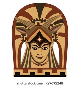 Isolated colorful vector illustration of antique Etruscan mask of ancient horned goddess. Painted terracotta.