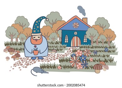 Isolated colorful vector illustration of a gnome with a house in a forest and grass in green pastel tones. The design is perfect for cards, decorations, book illustrations, packaging, stickers