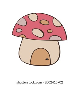 Isolated colorful vector illustration of a gnome house in a shape of mushroom in pastel colors. The design is perfect for cards, decorations, book illustrations, packaging, stickers