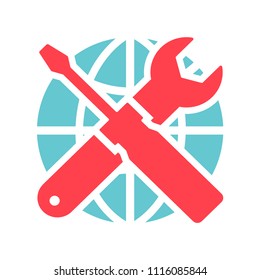 Isolated coloring Service Tools icon with globe. Vector pictogram style is a flat bicolor symbol. Designed for software and web interface toolbars and menus.-Vector Iconic Vector.