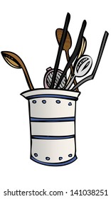 Isolated coloured vector of a jar with kitchen cooking utensils, including a wooden spoon, tongs, a spatula, and a sieve.