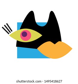Isolated colourful abstract design of a cat with an eye and a smile. The design is perfect for stickers, clothes, stationary.
