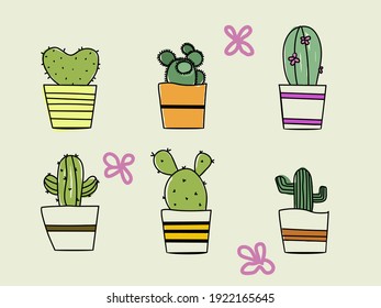 Isolated Colourful Cartoon Cute Potted Cactus Hand Drawing For Background, Wallpaper, Banner, Label Etc. Vector Design.