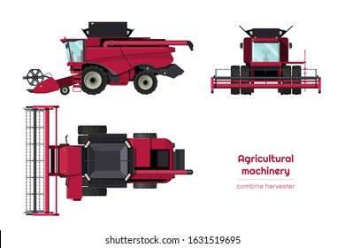 Isolated combine harvester. Side, front and top view of agriculture machinery. Farming vehicle in cartoon style. Industry 3d blueprint. Vector illustration svg
