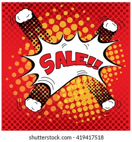 Isolated comic expressions for a discount purpose on a red textured background