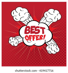 Isolated comic expressions for a discount purpose on a red textured background