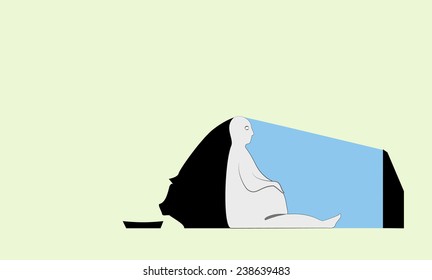 isolated comic illustration of a man, TV set and his shadow