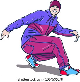 isolated comic vector breakdancer in cool pose in color. character design