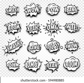 Isolated comics speech balloons  collection on checkered background, dialogue boxes with popular expressions set, pop art dialog frames,  vector illustration.