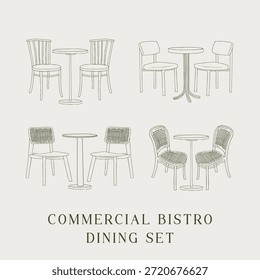 isolierte kommerzielle Bistro Esszimmer Set Möbel in minimaler flacher Linie Art Style Element Sammlung. Klassische Café- und Restaurantstühle und Illustration am runden Tisch mit sauberen handgezeichneten Umrissen. Vintage europäische Bistro Holz und Rattansitze. Für Interieur, Menü und Grafikdesign