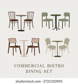 isolated commercial bistro dining set furniture set in minimal flat line art style element collection. Classic cafe and restaurant chairs and round table illustration with clean hand-drawn outlines. Vintage European bistro wood and rattan seating. For interior, menu and graphic design