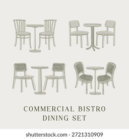 isolierte kommerzielle Bistro Esszimmer Set Möbel in minimaler flacher Linie Art Style Element Sammlung. Klassische Café- und Restaurantstühle und Illustration am runden Tisch mit sauberen handgezeichneten Umrissen. Vintage europäische Bistro Holz und Rattansitze. Für Interieur, Menü und Grafikdesign