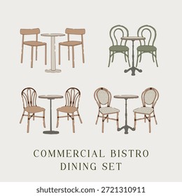 Muebles comerciales aislados del sistema del comedor del bistro fijados en colección mínima del elemento del estilo del arte de la línea plana. Sillas clásicas de cafetería y restaurante e ilustración de mesa redonda con contornos limpios dibujados a mano. Asientos de madera y mimbre Antiguas European bistro. Para interior, menú y Diseño gráfico
