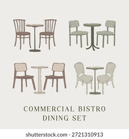 Muebles comerciales aislados del sistema del comedor del bistro fijados en colección mínima del elemento del estilo del arte de la línea plana. Sillas clásicas de cafetería y restaurante e ilustración de mesa redonda con contornos limpios dibujados a mano. Asientos de madera y mimbre Antiguas European bistro. Para interior, menú y Diseño gráfico